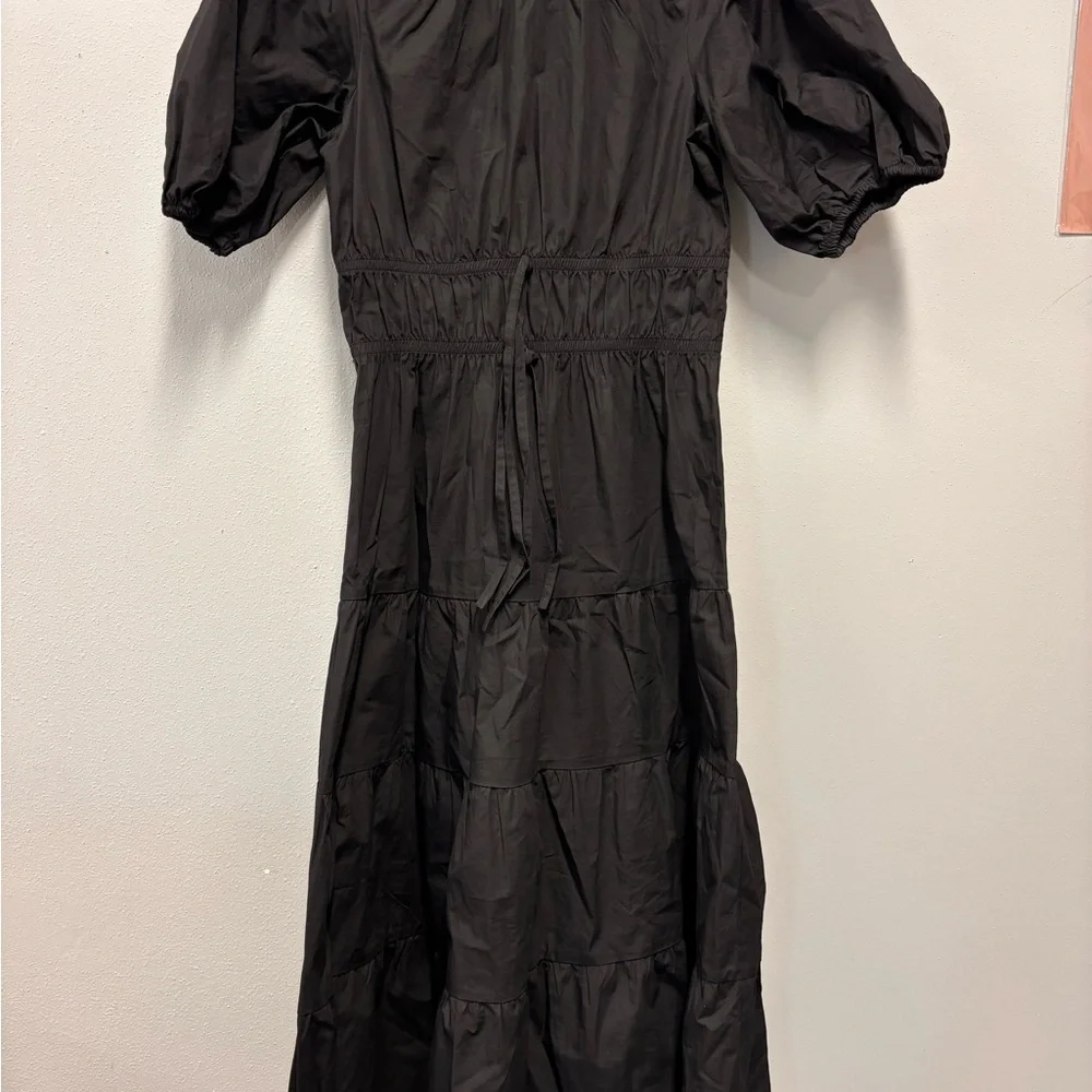 GREYLIN Gloria Poplin Tiered Dress BlackTie waist Midi Puff Sleeve Shirred Waist - Picture 7 of 8